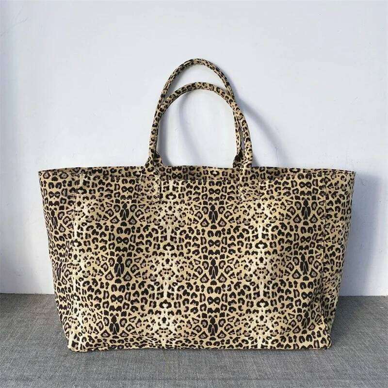 Korean Fashion Leopard Pattern Shoulder Bag Trendy Letter Embroidery Tote Women Canvas Large Capacity Handbag Shopping Bags