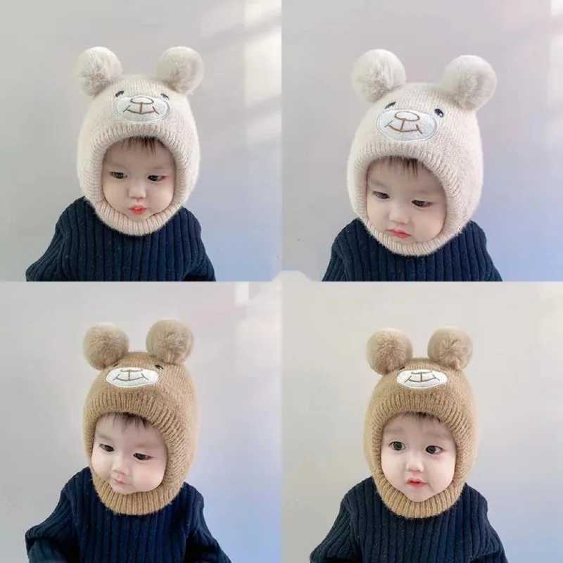 Pompom Baby Ear Protection Cap Cute Bear Kids Hooded Beanies 636Month Winter Warm Woolen Knitted Hat Children Neck Collar Scarf251028