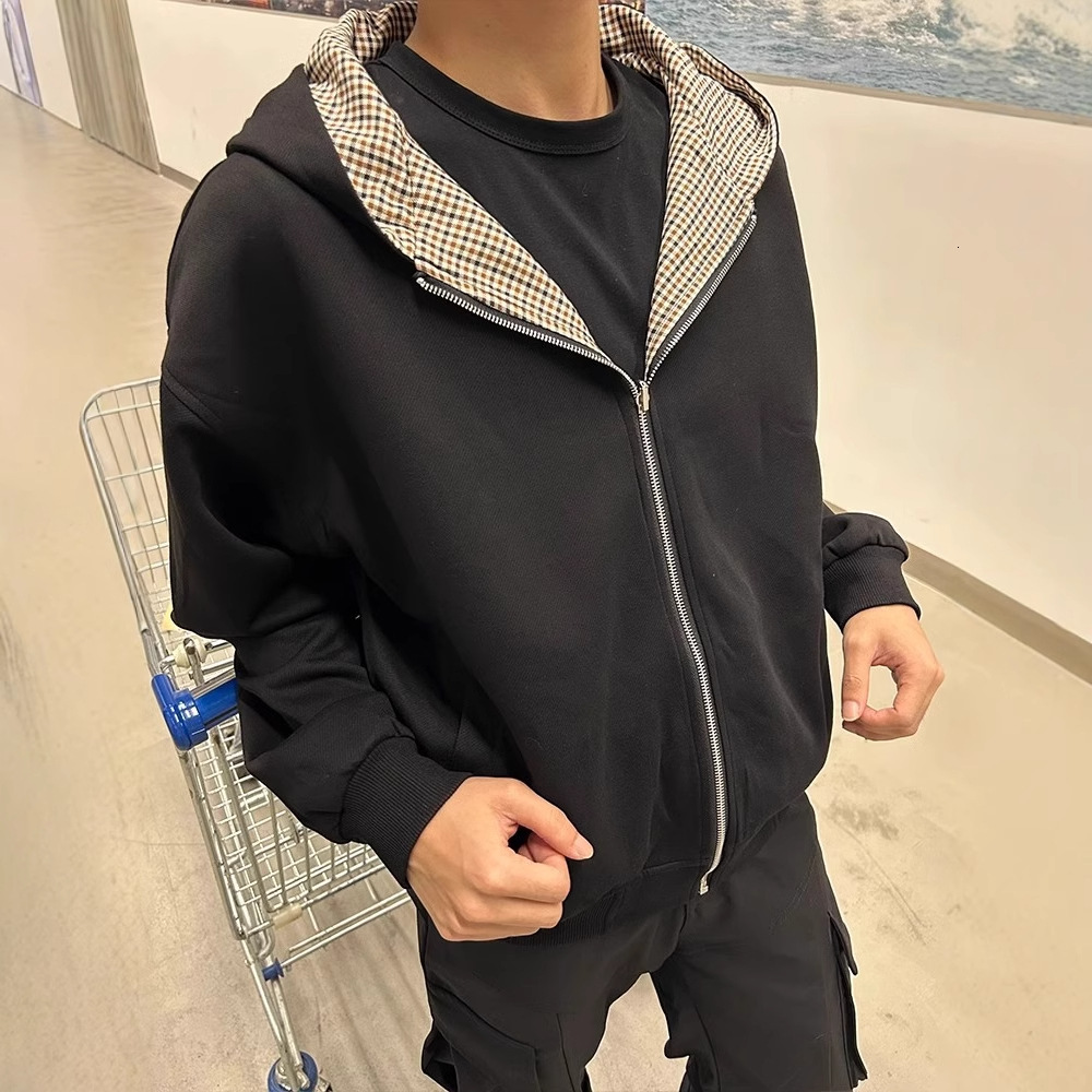 American High Street Reversible Houndstooth Zipper Hooded Sweatshirt Men's Casual Designer Jacket Vibe Cardigan Jacket Trendy