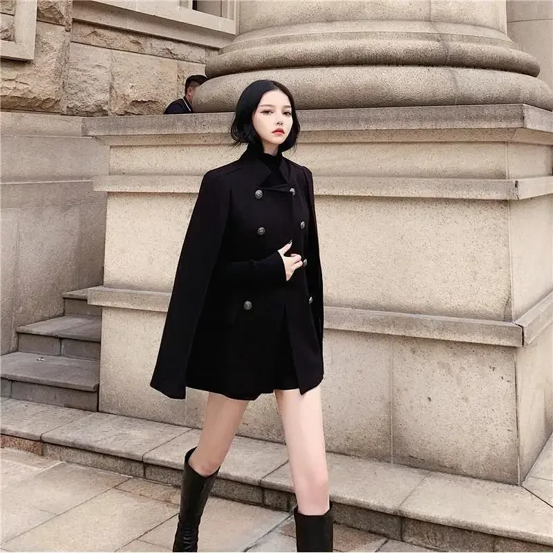 Winter black cape coat can be used with loose stand collar medium long woolen coat for women 251029