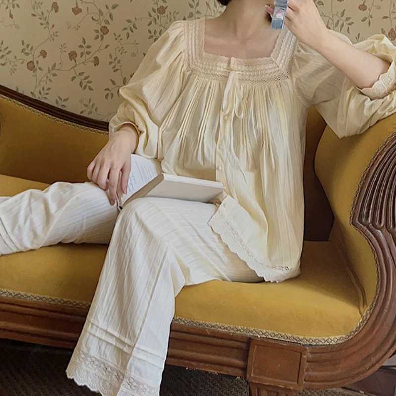 Fairy Women Pure Cotton Pajamas Princess Sleepwear Nightwear Autumn Winter Apricot Loungewear Sweet Tops Pants Two Piece SetsT251029