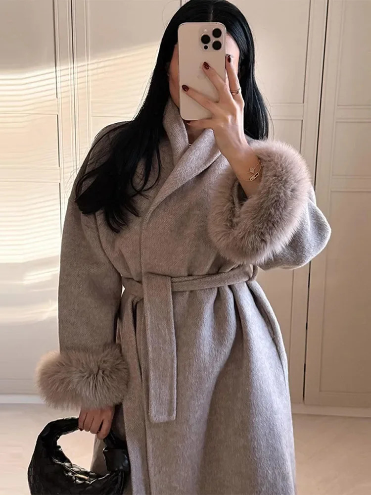 Elegant Faux Fur Sleeve Women Woolen Jacket With Belt Fashion Office Lady Outerwear Winter Lace Up Long Coats High Street 251028