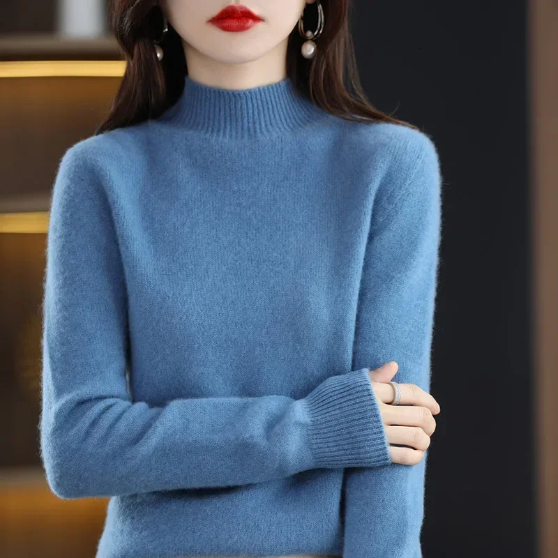 Autumn Winter Women Sweater Korean Fashion Warm Bottoming Shirts Half High Collar Basic Knitwear Solid Long Sleeve Pullovers 251029