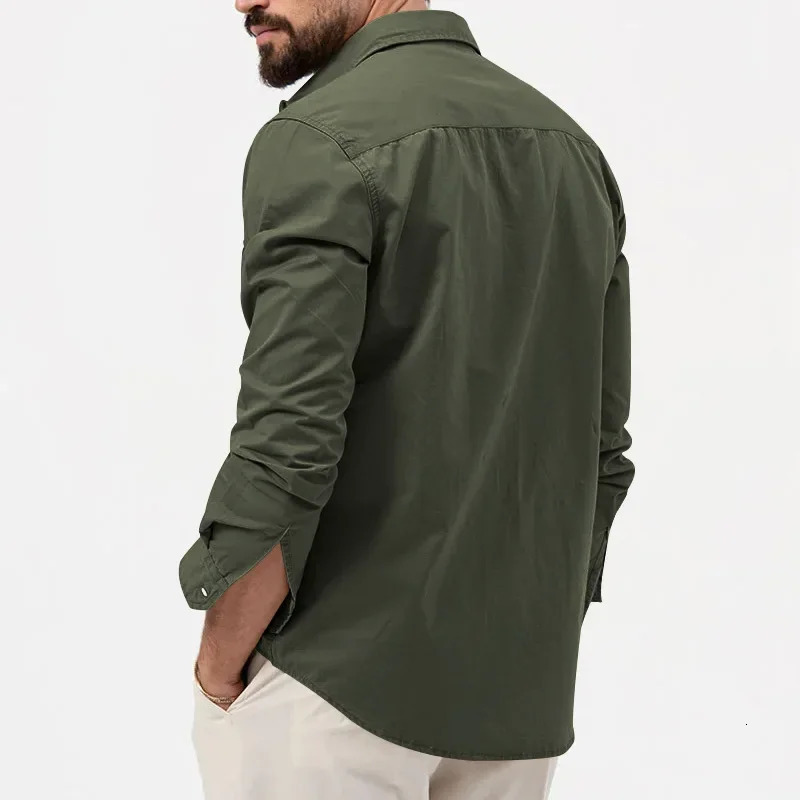 Army Green Tactical Cargo Shirts For Men Chest Two Pockets Long Sleeve Mens TShirt Trend Casual Loose Shirt Chemise Hombre 251029
