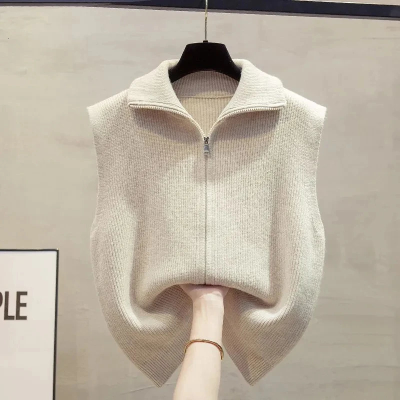 Double Zipper Women Knitted Sweater Vest Spring Autumn Stand Collar Sleeveless Sweater Vest Solid Waistcoat Outer Wear Vest Top 251029