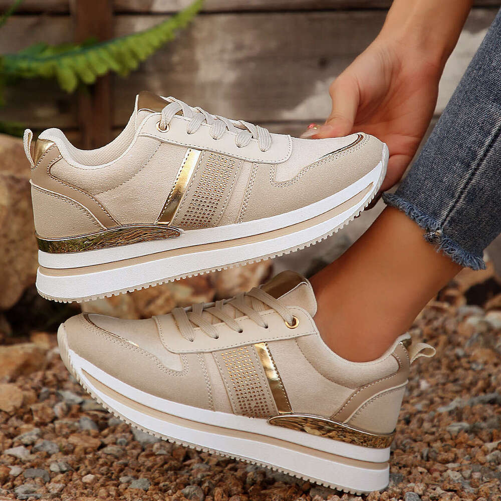 Women's 2025 New Style Retro Designer Shoe Champagne Gold Patchwork Shiny Rhinestone Breathable Height Increasing Slimming Trendy Sports Casual S