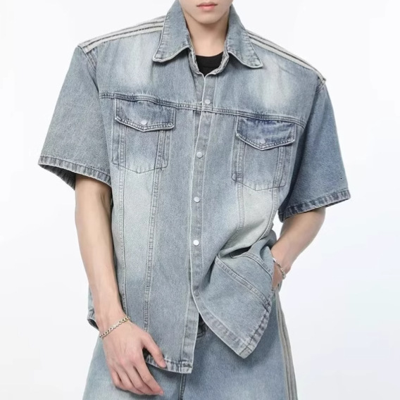 American Style Washed Shoulder Pad Denim Short Designer Jacket Sleeve Shirt For Men And Women Spring Summer Loose Casual Niche Design Denim Jacket