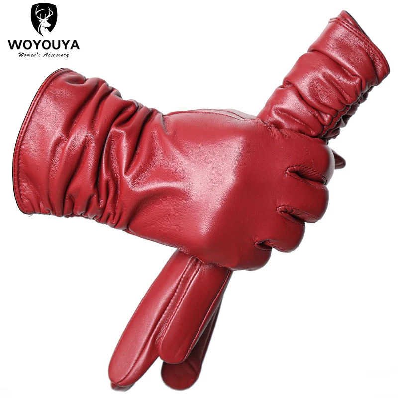 Winter Sheepskin Womens Gloves Warm Plus Velvet Short Thin Touch Screen Driving Female Color Leather High End2801T 251013