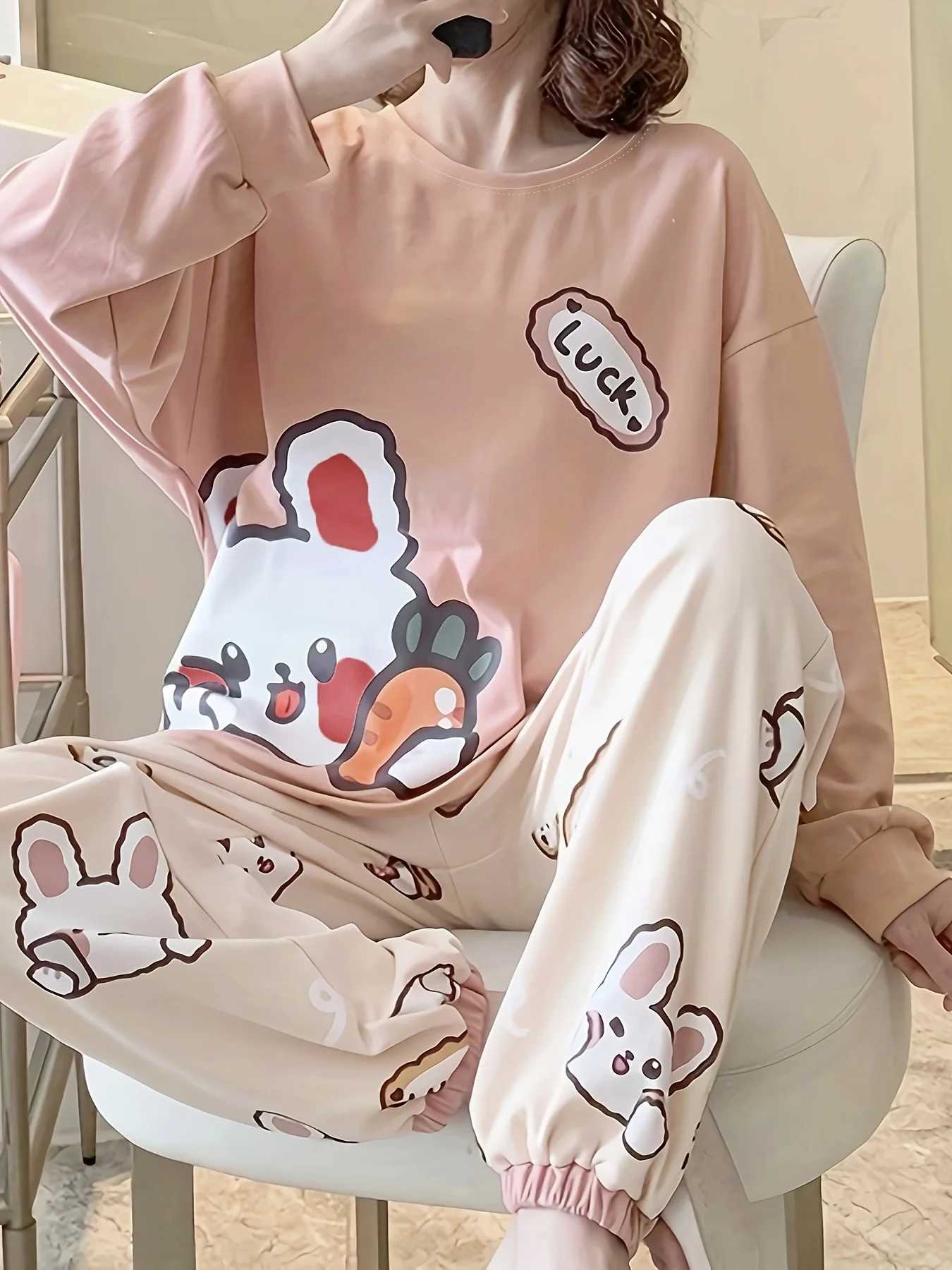 New Womens Pajama Set for Spring Autumn Winter Cute Rabbit Long Sleeve Cartoon Style Plus Size Suitable for Students T251029