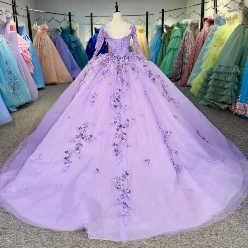 Light Lilac Shiny Princess Off the Shoulder Sweet 16 Dress Quinceanera Dresses Applique Flower Beads Tull Party Birthday Vestido