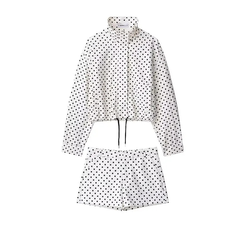 Polka Dot Shorts Jacket Set Women Loose Lapel Zipper Long Sleeved Coat Drawstring Short Pant Autumn Street Lady Suit 251029