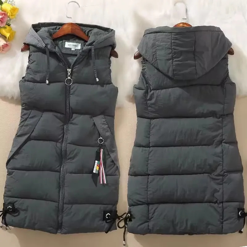 Autumn Winter Women Cotton Vest Jacket Midlength Puffer Sleeveless Parkas Coat Casual Pocket Hooded Waistcoat Female W 251027
