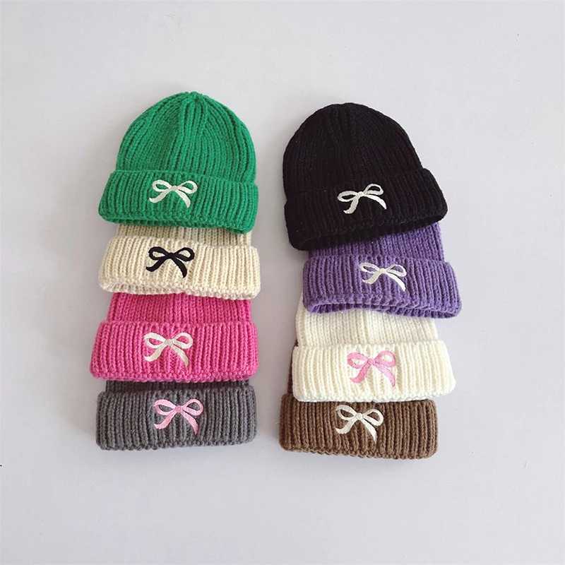Embroidery Bow Children Woolen Hat Korean Kids Knitted Beanie Solid Color Crochet Bonnet 26year Baby Winter Warm Pullover Cap251028