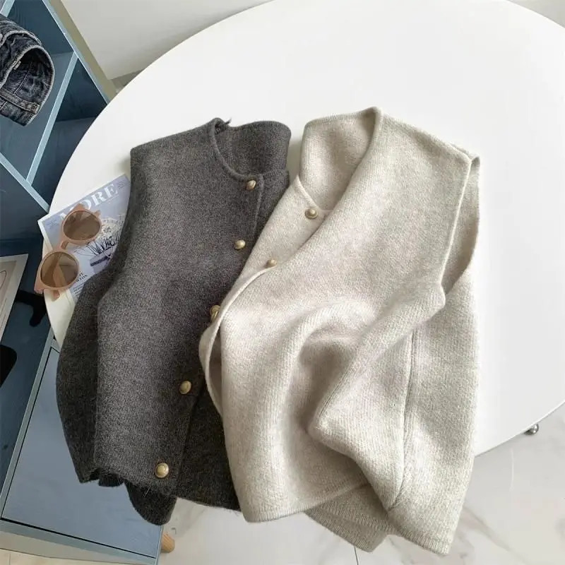 Crew Neck Womens Korean Solid Button Short Sleeve Cardigan Coats Sweater Knitted Sleeveless Ladies Elegant Tanks Bottoming 251029