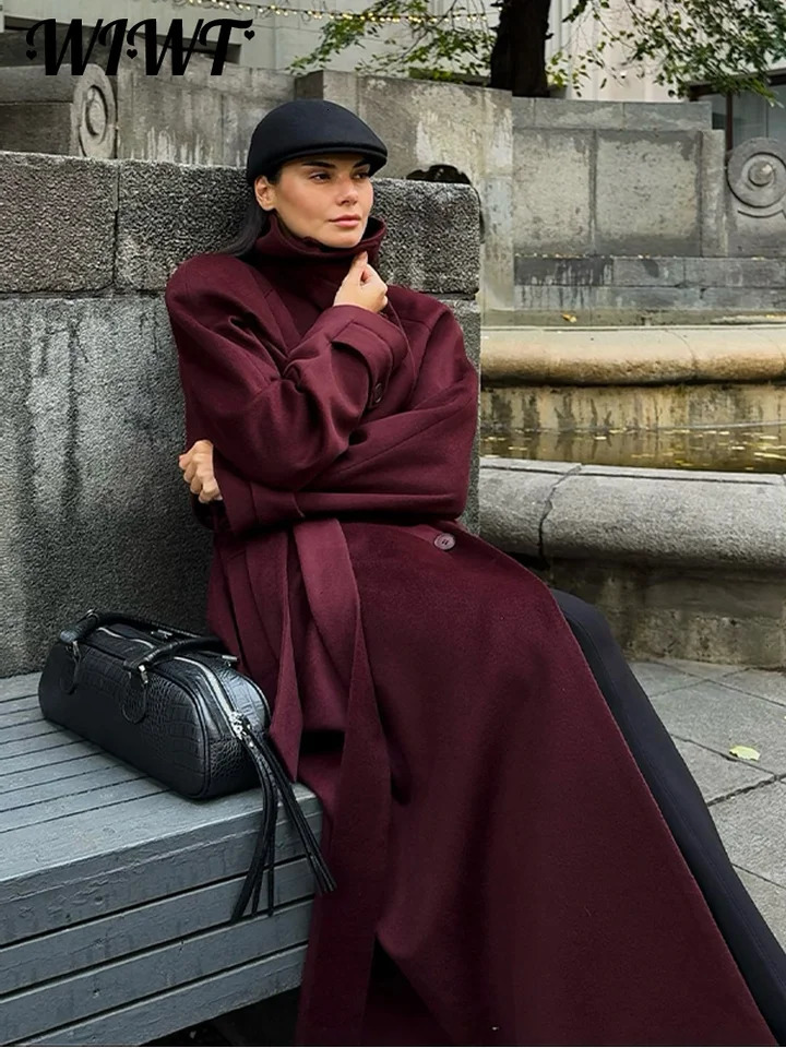 Elegant Double Breasted Woolen Coat Winter Lady Lapel Raglan Sleeve Full Overcoat Womens High Street Outwear 251028