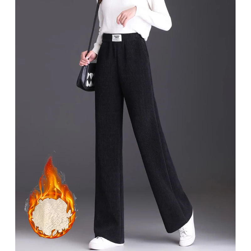 Winter Female Straight Leg Plush Thermal Pants Lady High Waist Fleece Trousers Women Fashion Snow Warm Loose Daily Pants 251029
