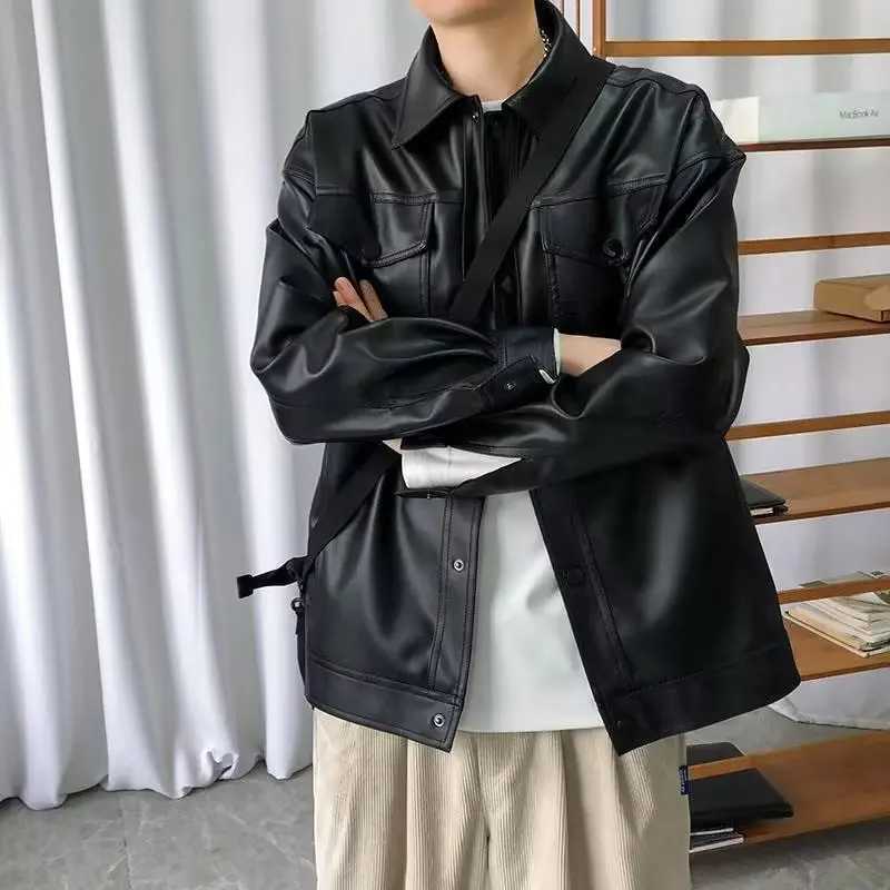 New Autumn and Winter Pu Leather Lapel Loose Retro Motorcycle Suit Mens Casual Windproof JacketT251029