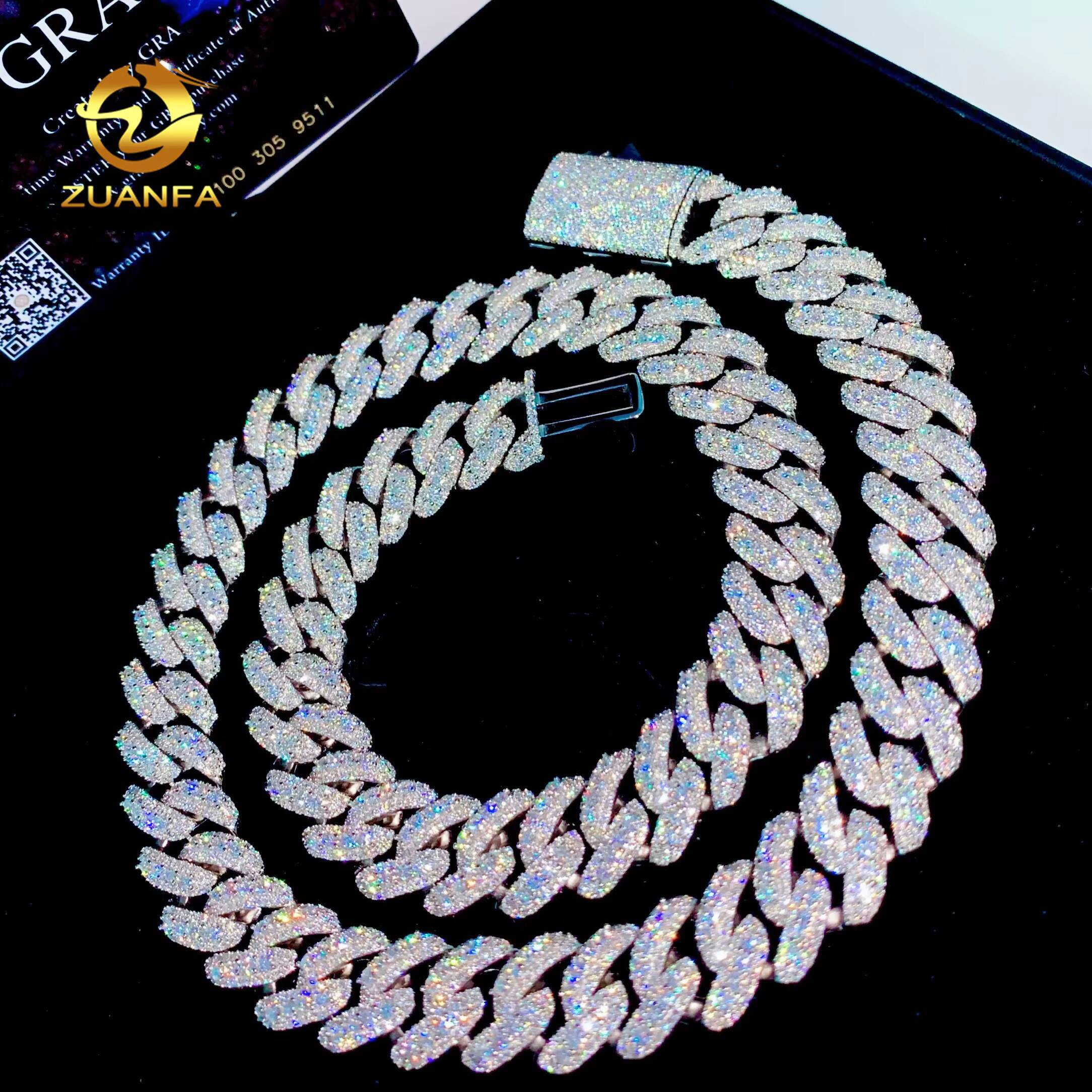 Direct Sale PROMOTION 15mm Cuban Links Moissanite Chain Moon Shape 3 Row Pass Diamond Tester