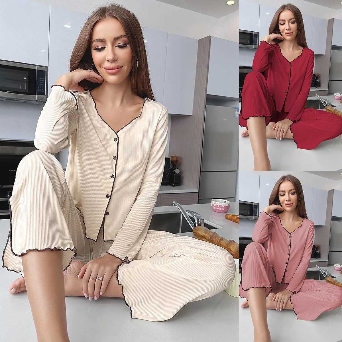 Europe hotselling womens pajamas set autumn and winter pit strip cardigan longsleeved trousers loungewear setT251029