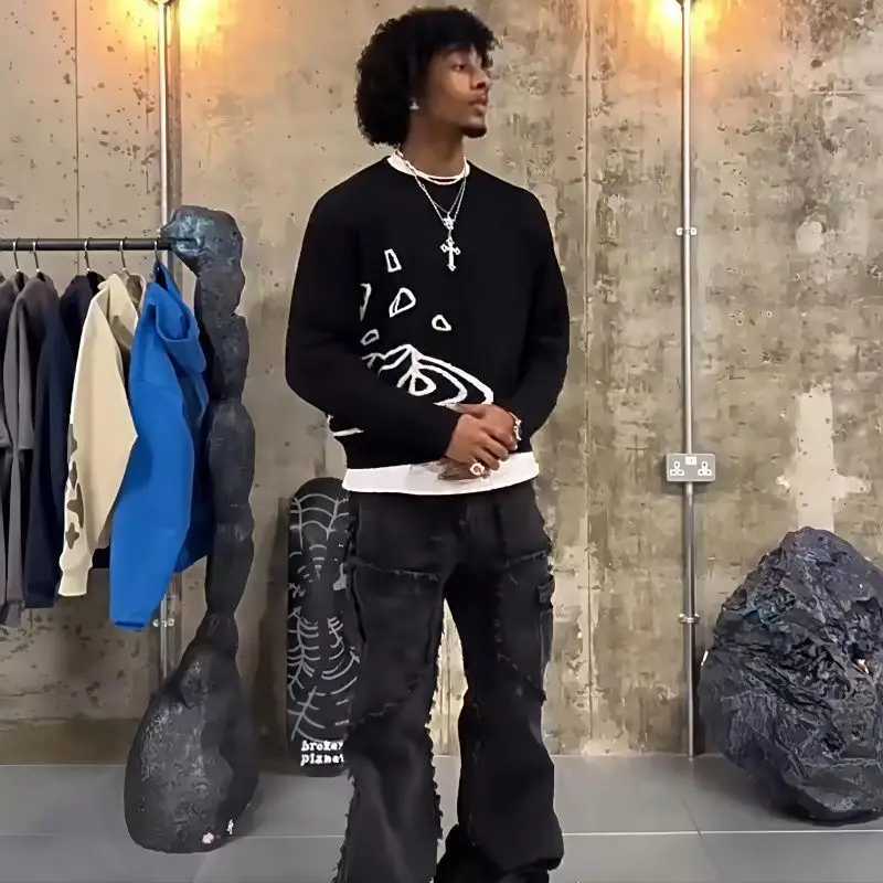 American Streetwear Planet Jacquard Embroidered Crew Neck Sweater Men Women Couple Casual Knit Jumper J251029