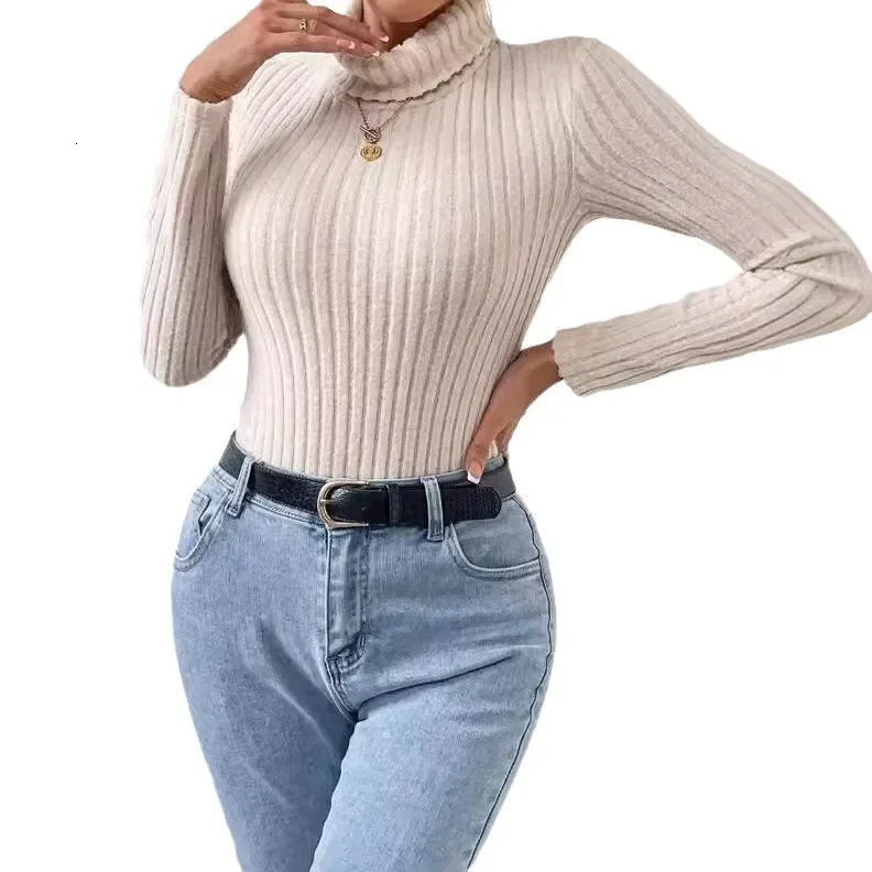Of The Season French Style High Collar Long Sleeve Knitted Brushed Stripe Ribbed Onesie Top Womens Pants Suit Mad 251029