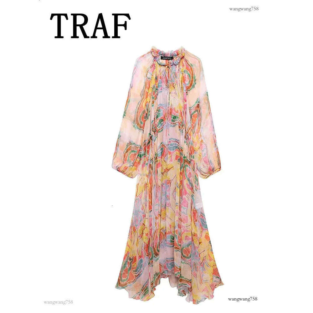 TRAF Womens Summer Midi Printed Long Sleeve Casual Elegant Party Dress 240828