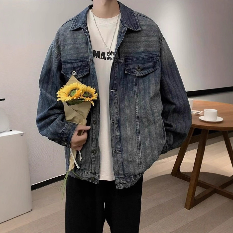 Spring And Autumn Designer Jacket Design Sense Niche Casual Trendy Loose Workwear Striped Denim Jacket Men's Top
