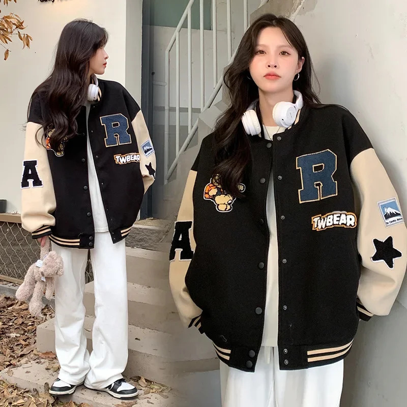 Retro Fleece Lined Baseball Jacket Womens Loose Fit Autumn Winter Style Student American Vintage Sweatshirt Jacket 251029