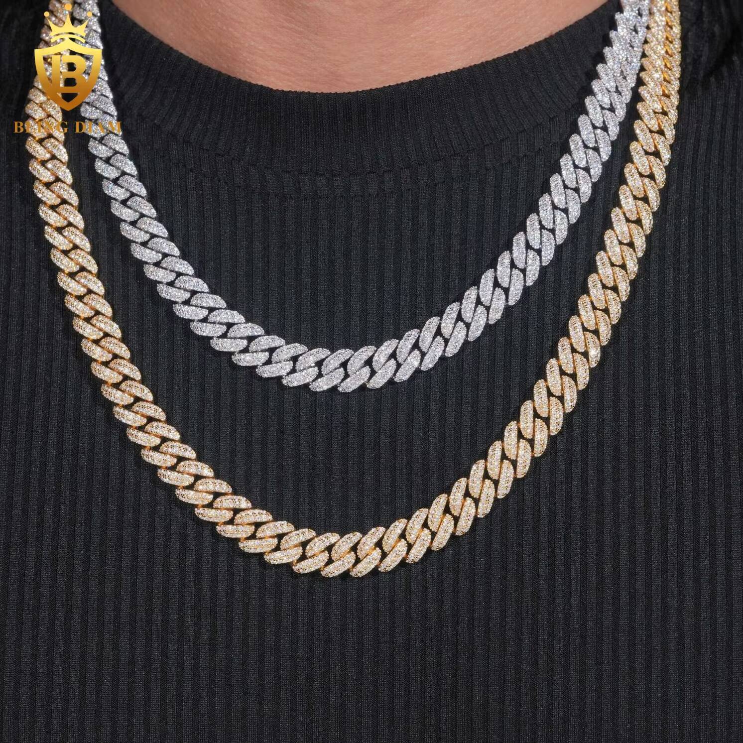 In Stock Iced Out Moissanite Cuban Link Chain HipHop Style 10mm S925 Silver Moissanite Cuban Chain Pass Diamond Tester with GRA