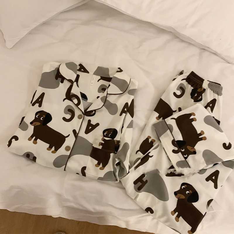 Spring Autumn 2024 Long Sleeve Womens Pajamas Set Cute Dachshund Teckel Print Cotton Two Pieces Full Length Pants Loose 43933T251029