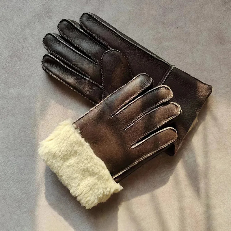 Winter Warm Sheepskin Fur Gloves Men Thickened Outdoor Motorcycle Riding Windproof and ColdProof Leather Points Wool 251013