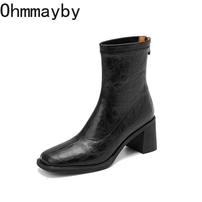Autumn Vintage Elastic Slim Women Ankle Boots Fashion Soft Leather Shoes Ladies Elegant Thick Heel Mordern Short Booties Z251029