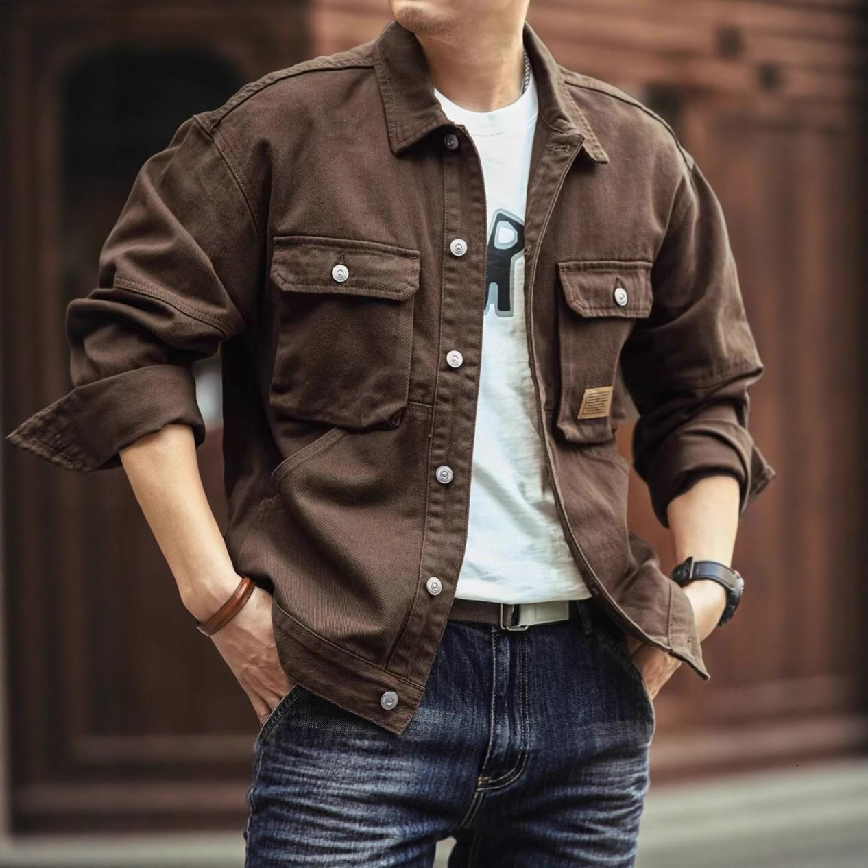 Spring And Autumn American Style Washed Designer Jacket Denim Jacket For Men Stylish Loose Trendy Brand Workwear With Large Pockets
