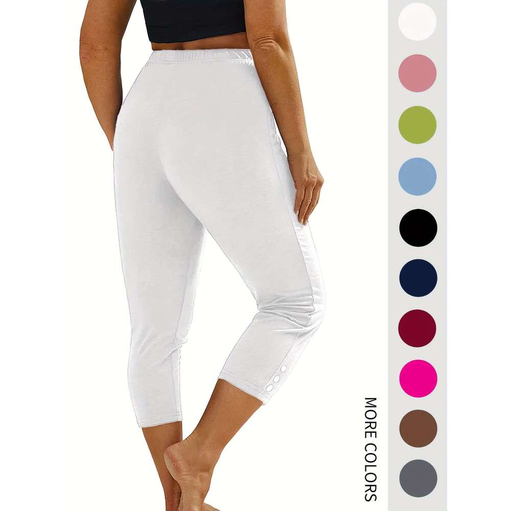 4pcs 7-inch High Waist Capri Leggings Women, Stretchy Comfortable, with Button Decor, Perfect for Yoga, Running & Fiess Workouts - Green, White, Pink,