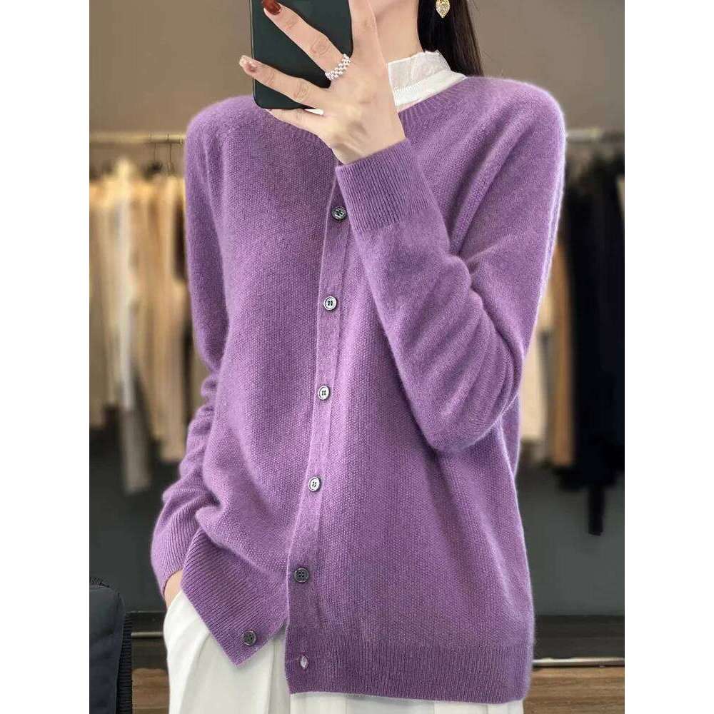 Aoaiiys Cardigan Women Fashion 100% Wool Cardigans Cashmere Sweater Autumn Winter Casual Coat O-Neck Long Sleeve Loose Knit Tops