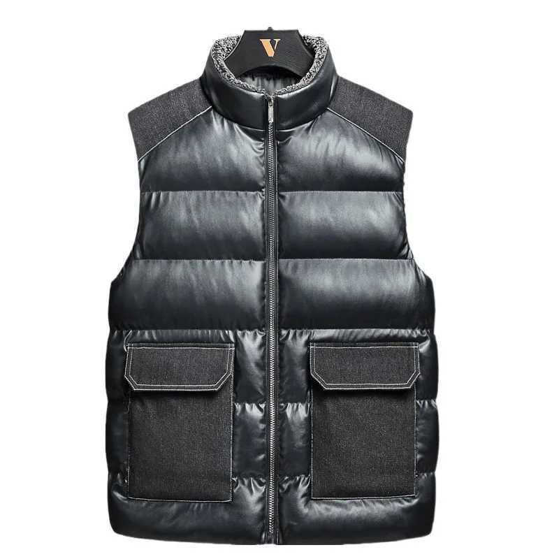 2025 Man Vest Winter Thicken Warm Solid Stand Collar Pocket Zipper Male Leather Waistcoat Windproof Sleeveless Daily Men Coat W251029