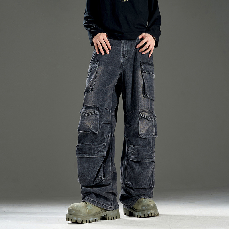 Streetwear Fashion Old Washing Heavy Industry Big Pocket Black Baggy Jeans Men Y2K Rock Hiphop Dark Casual Wide-leg Trousers 250109