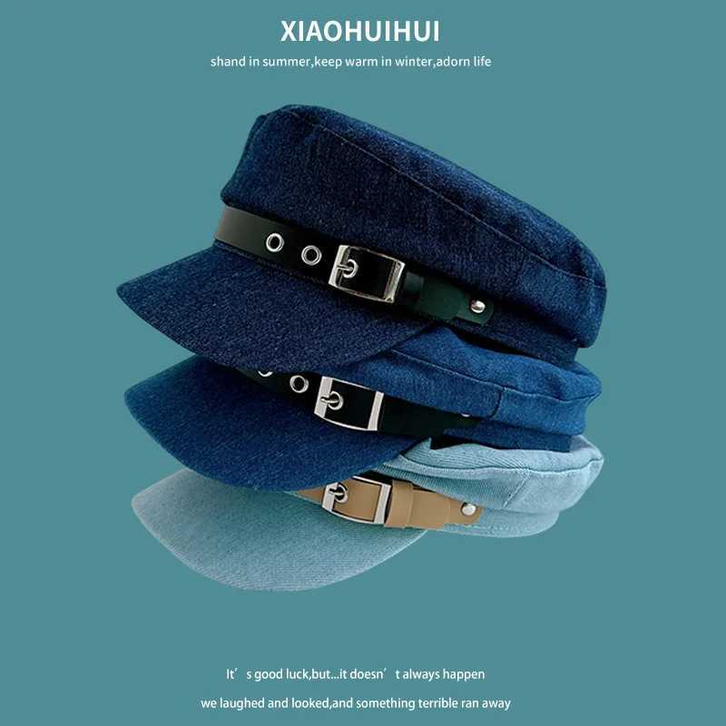 New Blue Denim Flattop Beret Womens Spring and Autumn Retro Versatile Leather Buckle British Sunshade Casual Newsboy Cap
