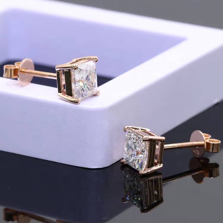 Free Shipping Fine Jewelry Two Carat Princess Cut Moissanite Gemstone 14k Rose Gold Screw Back Stud Earring
