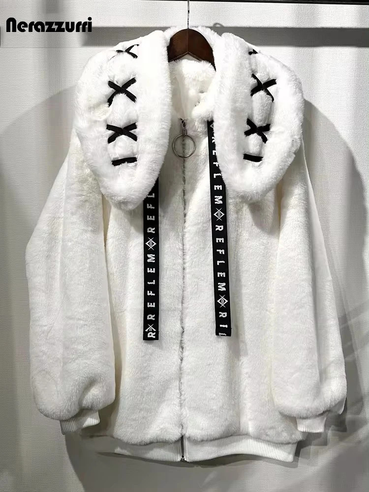Nerazzurri Winter Sweet Cute Kawaii Soft Thick Warm White Faux Fur Coat Women with Bunny Ears Cute Fluffy Jacket Hoodie 251029