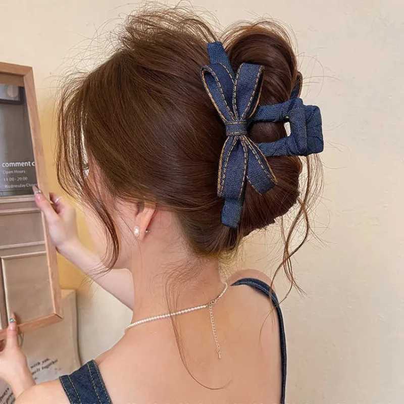Autumn Winter Denim Bow Hair Claw Clip for Women HighEnd Hair Bun Shark Clip 2025 New Large Size Back Hair AccessoryW251028