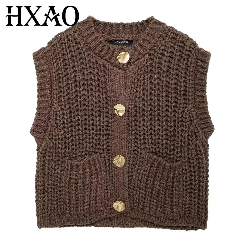 HXAO Womens Vest Outerwears Sleeveless Brown Sweater Knit Vest Women Preppy Cropped Sweaters Autumn Winter Vest Woman Knitwears 251029