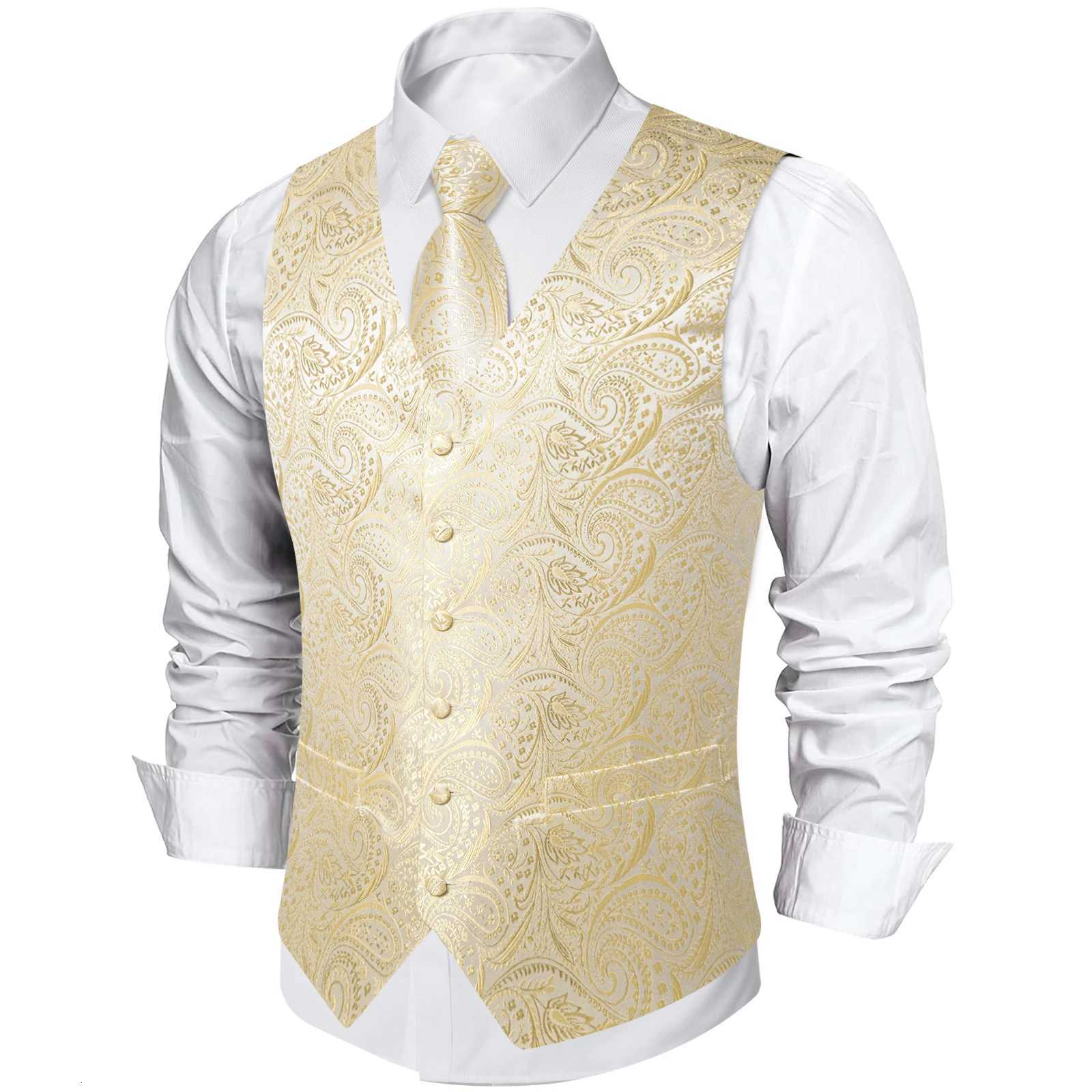 Waistcoat for Men Beige Solid Paisley Silk Suit Vest with 8cm Necktie Pocket Square Cufflinks Wedding Prom Tuxedo Sleeves Jacket W251029