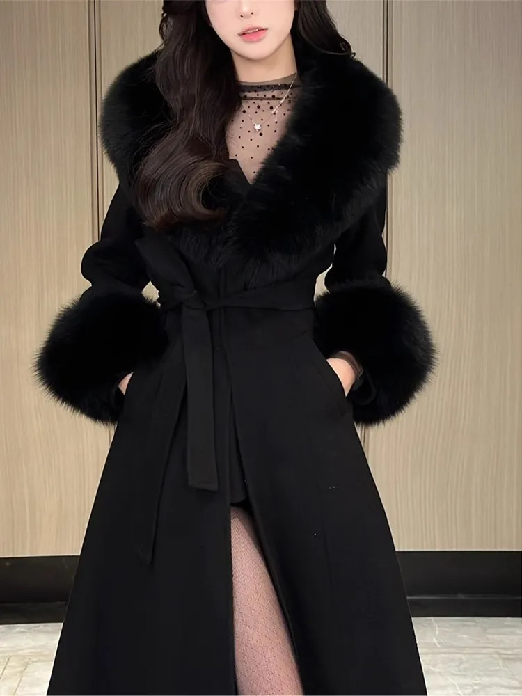 French Retro Black Woolen Coat Autumn Winter Arrival Belt Tight Waist SlimFit MidLength Plus Size Woolens Jacket Women 251029