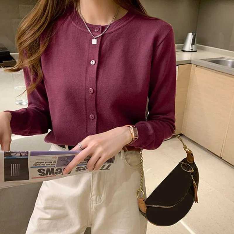 2025 Autumn Knitted Cardigan Jacket Women Cardigans Round Neck Casual Woman Solid Color Slim Korean Jumpers FemaleT251028
