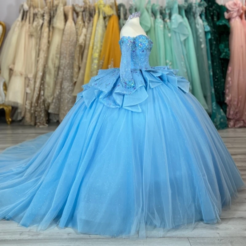 Blue Shiny Ball Gown Quinceanera Dresses Off The Shoulder Beading Crystal Tull Long Sleeves Party Birthday Sweet 16 Dress Vestidos 15 De Anos