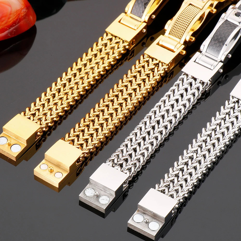 Bracelet for Men Gold Color 12MM Wide Stainless Steel Square Franco Link Chain Mens Wrist Bracelets With Magnet Clasp 251028