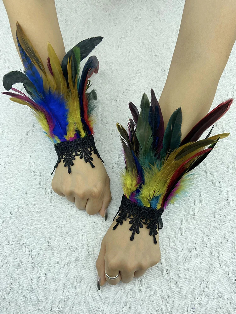 Natural Feather Sleeve Cuffs Gloves Party Cosplay Lace Wrist Cuffs Fur Sleeve Furry Accessories Carnival Stage Show Costume 251029