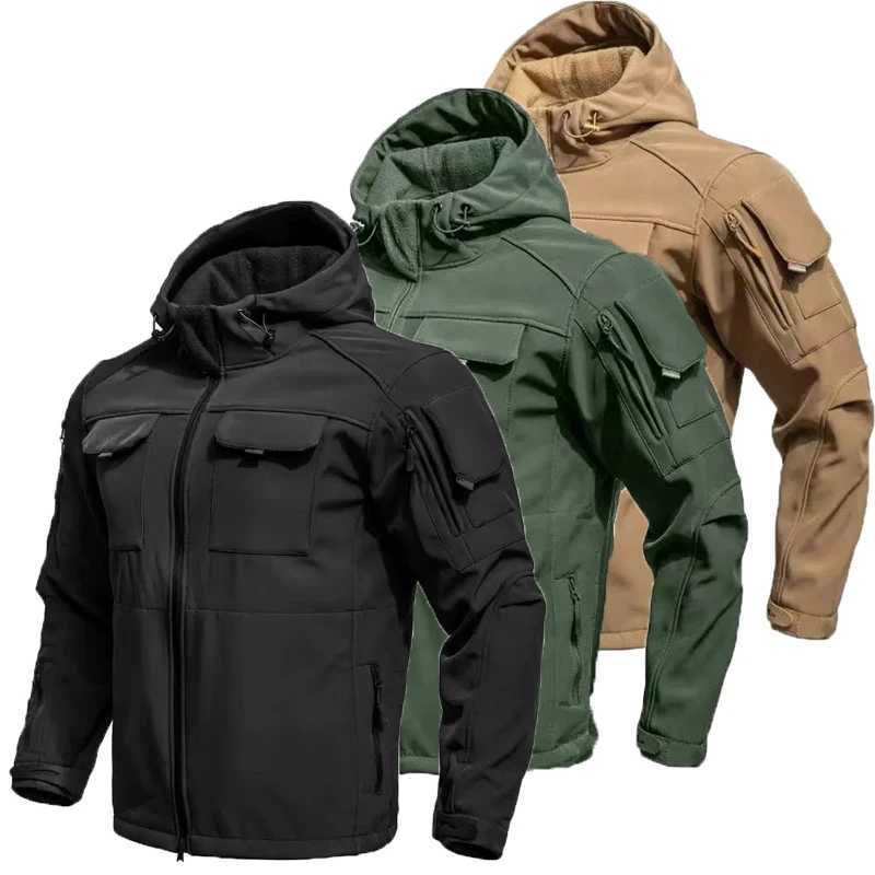 Mens Winter Autumn Warm Cargo Fleece Jackets Softshell Waterproof Hood Windproof Outdoor Coats Hiking Camping Climbing Casual J251029