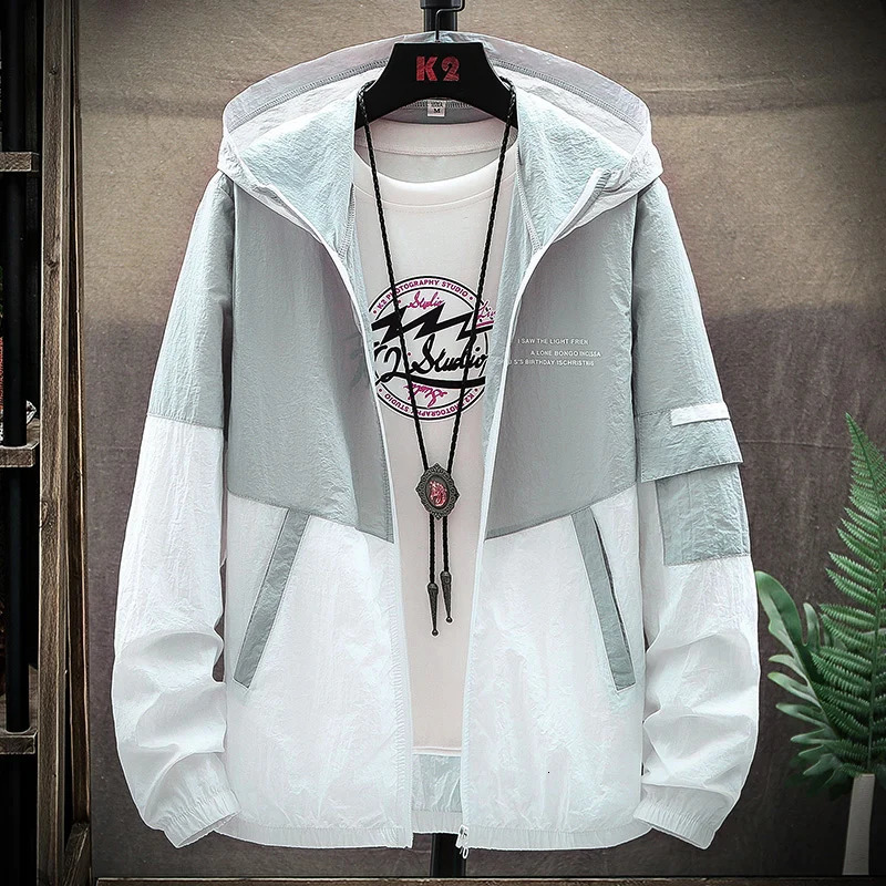 Summer Mens Sun Protection Shirt Thin Quick Drying Hood Windproof Jacket Breathable Letter Print Casual and Versatile Cardigan 251029